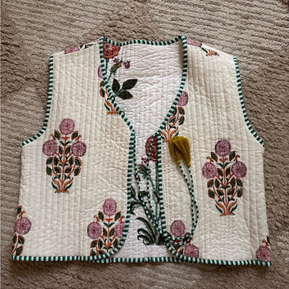 Floral Quilted Vest with Green Trim